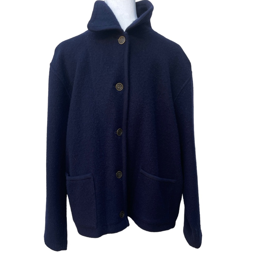 Cambridge Dry Goods Classic Preppy Sweater Cardigan Blue Pockets Brass Buttons
